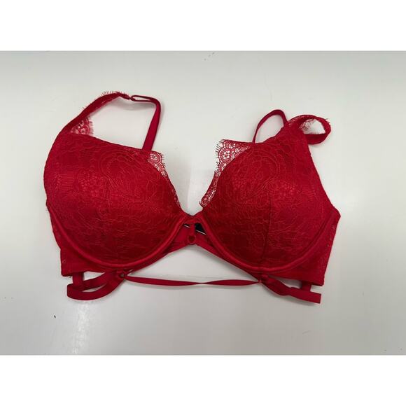 Victorias Secret Womens Bra 32D Very Sexy Lightly Lined Plunge Red Lacy Strappy - Picture 2 of 15